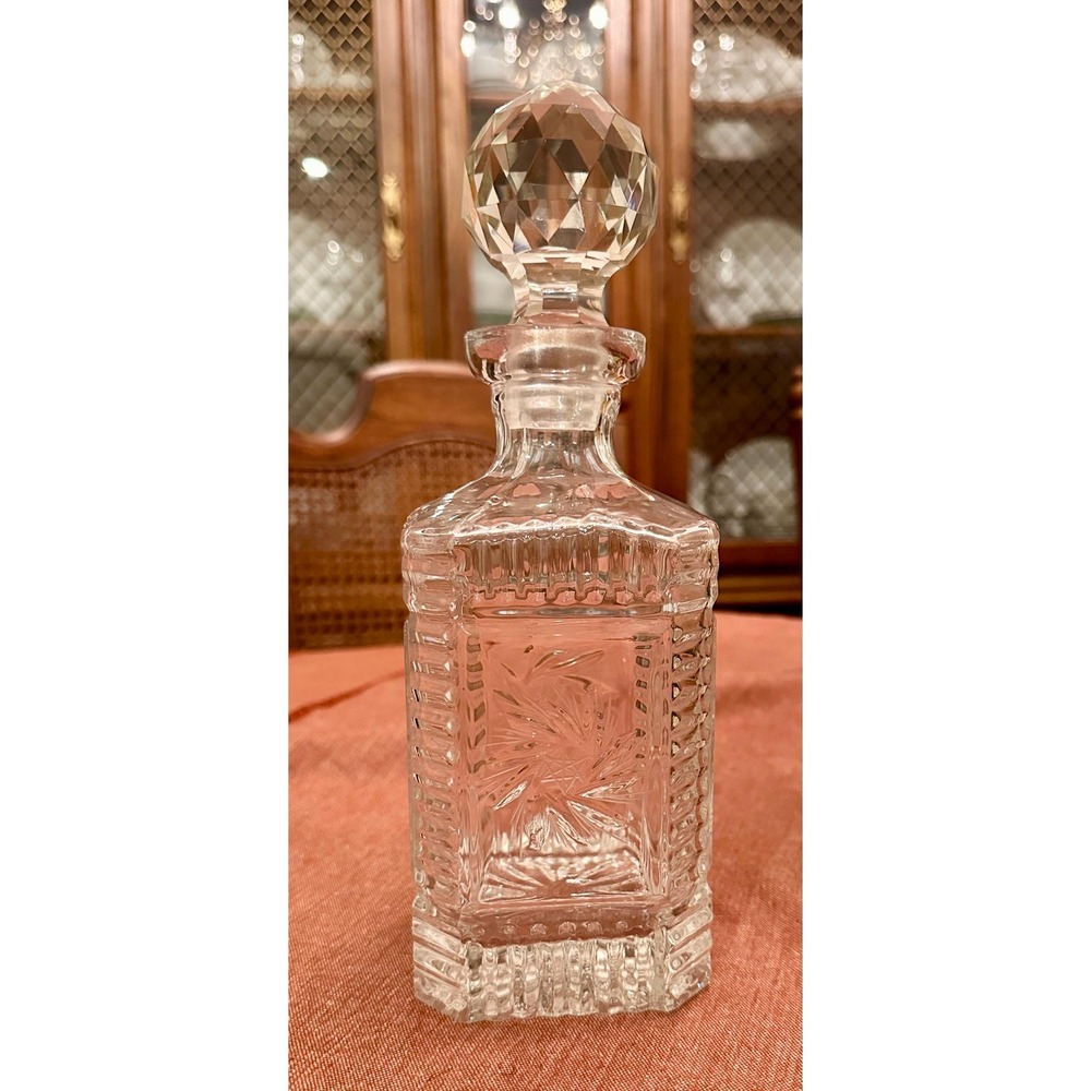 Vintage Square Pressed Glass Decanter – Starburst & Diamond Point Design‎